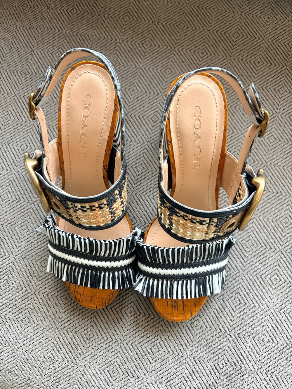 Coach Black & Natural Fringe Raffia Robin C Buckle Sandals